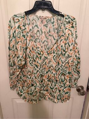 ESQUALO Green, Cream & Orange Printed V-Neck Blouse